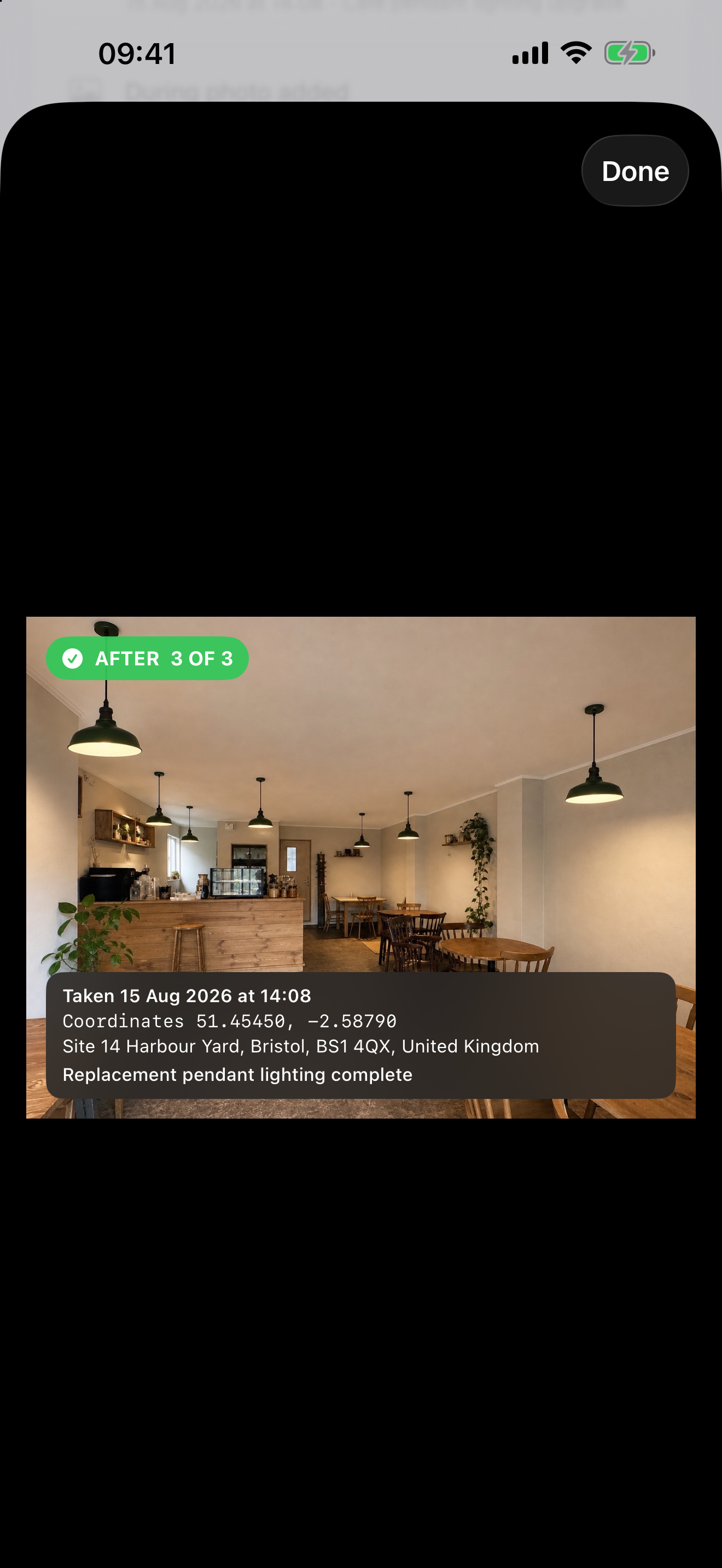 InvoQuill photo preview showing a selected After image with its saved date, time, coordinates, work address and caption.